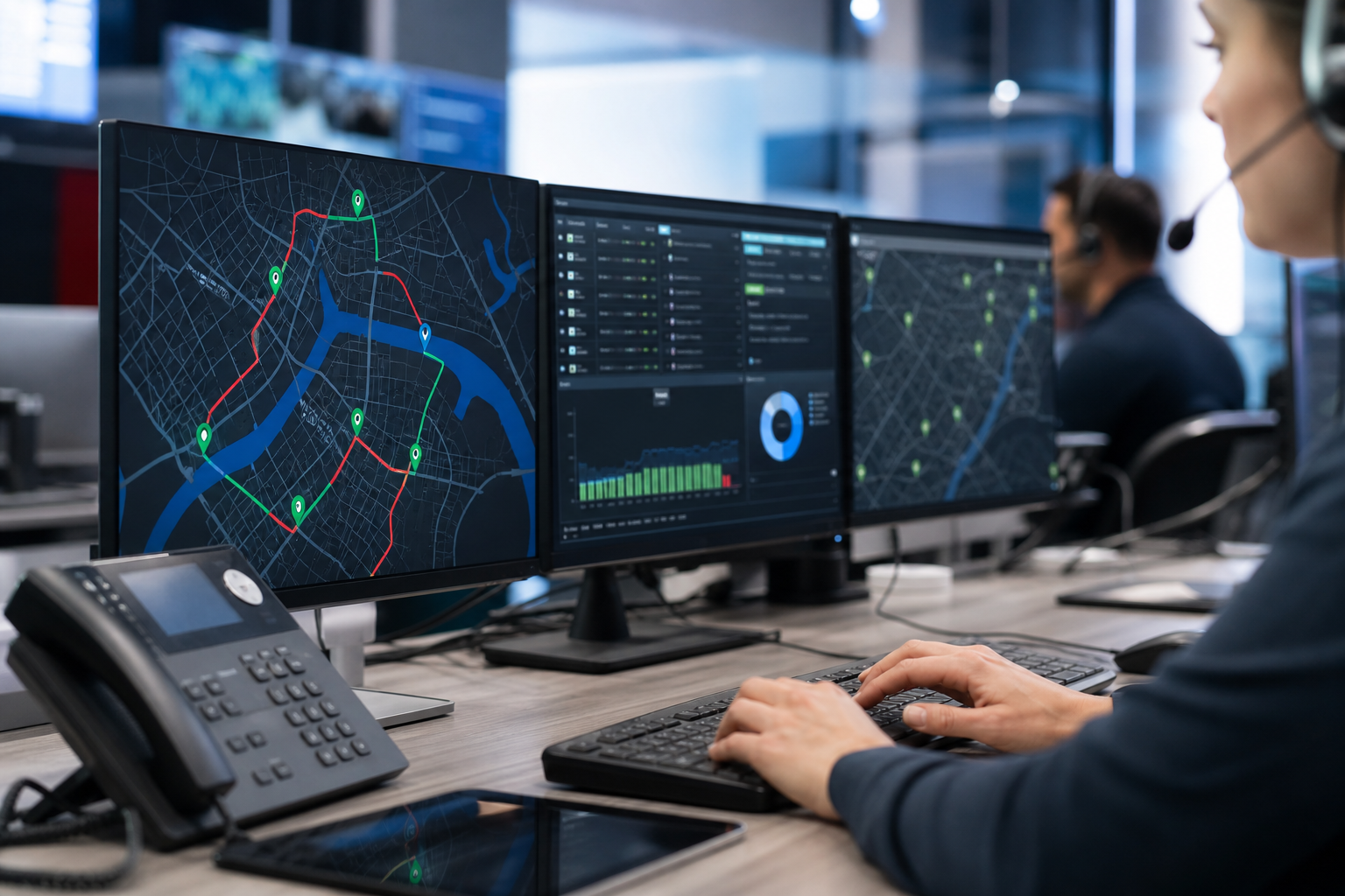 Logistics dispatch desk with GPS tracking screens