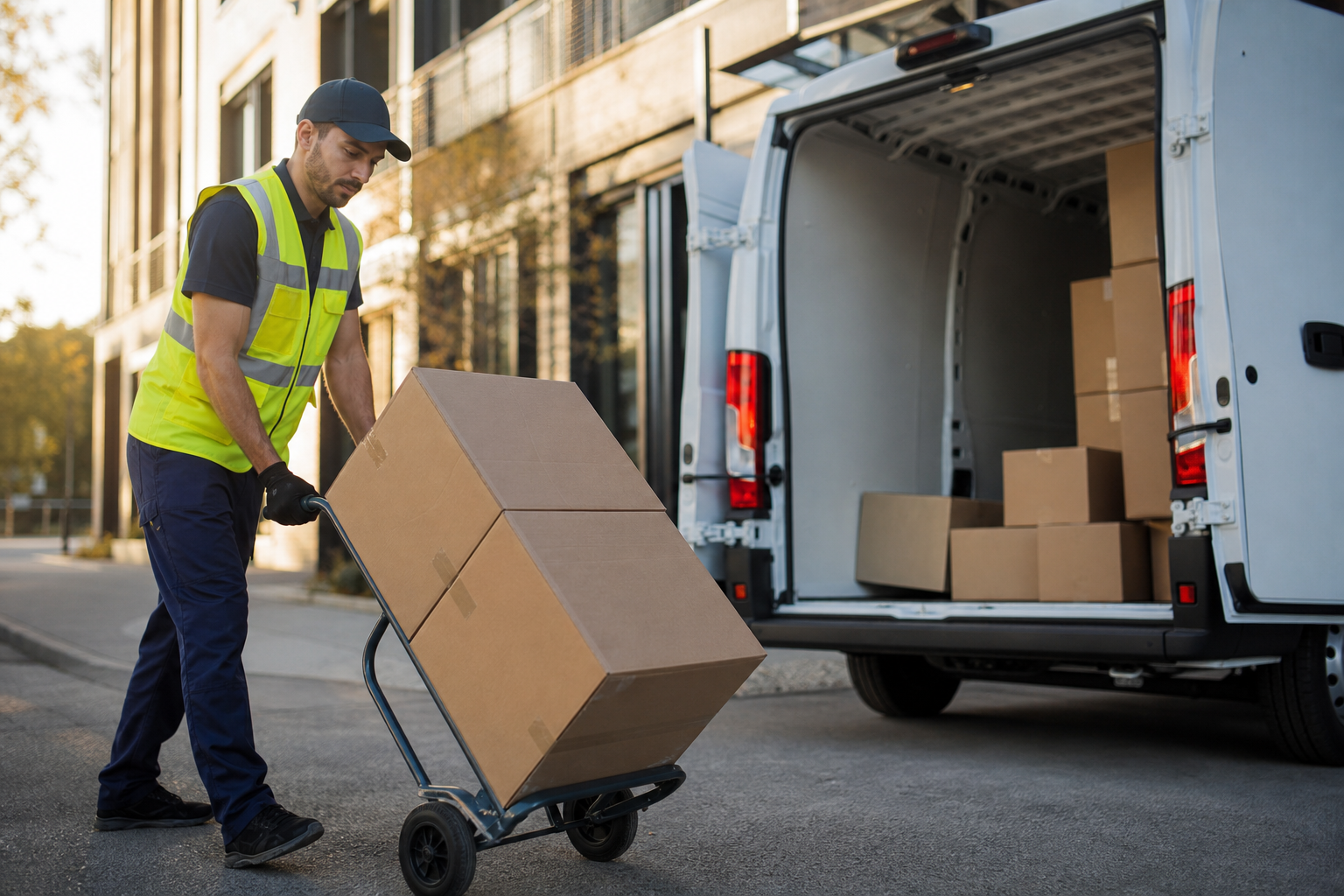 Delivery driver moving boxed freight beside a cargo van