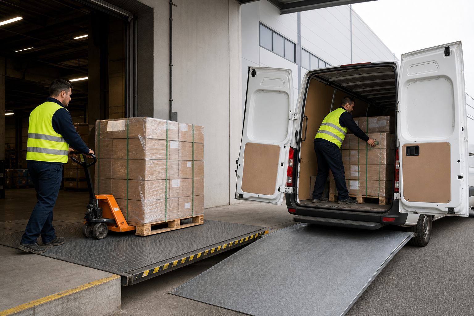 Workers loading freight into a cargo van at a warehouse dock